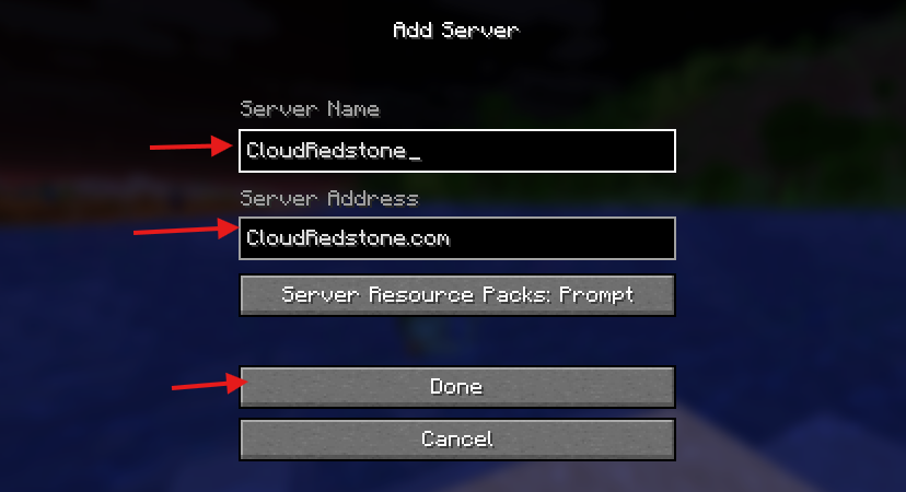 Server address field set to CloudRedstone.com